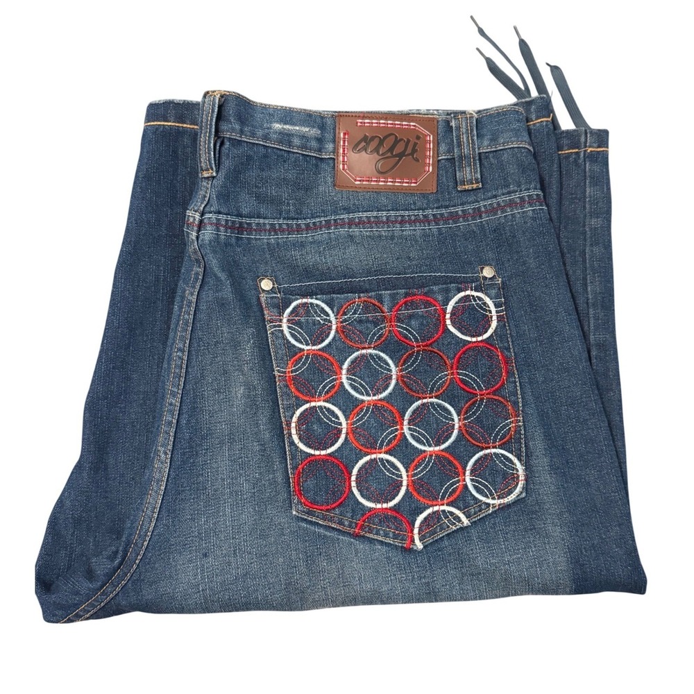 Vintage Coogi Mens Jeans Shorts Wide Leg Embroidered Pockets Blue W42‎